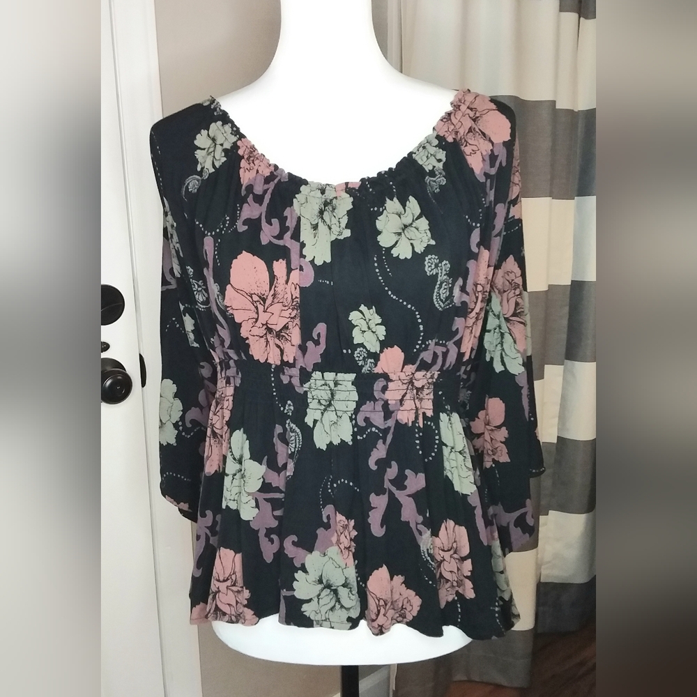 Free People Peasant Top Sz M Open Back Floral Elastic Waist